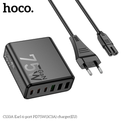 Cóc sạc nhanh 75w HOCO C133A (3 cổng USB + 3 cổng Type C PD) (3C3A) EU chính hãng [BH 1 năm]