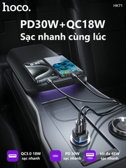 Cóc sạc nhanh xe hơi trong suốt 30w HOCO HK71 (1 cổng USB QC3.0 18W, 1 cổng Type C PD30W) chính hãng [BH 1 năm]