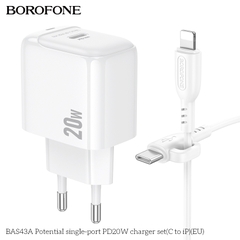 Bộ sạc nhanh 20W BOROFONE BAS43A (cóc 1 cổng Type C, cáp Type C ra iPhone) có báo đèn LED chính hãng [BH 1 năm]