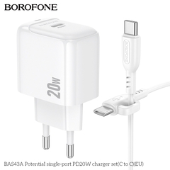 Bộ sạc nhanh 20W BOROFONE BAS43A (cóc 1 cổng Type C, cáp Type C ra Type C) (EU) có báo đèn LED chính hãng [BH 1 năm]