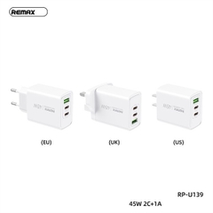 Cóc sạc nhanh 45w REMAX RP-U139 US chân dẹp (1 cổng usb, 2 cổng type-c) PD QC3.0 chính hãng [BH 1 năm]