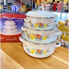 Bộ 3 nồi có 2 tay cầm tráng men sứ kèm 3 nắp 3 size {Kiểm bể tại cửa hàng} [BH: None]