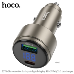 Cóc sạc nhanh xe hơi 63w HOCO Z57B (1 cổng USB, 1 cổng Type-c) màn hình LED chính hãng [BH 1 năm]