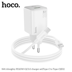 Bộ sạc nhanh 20w HOCO N41 (c-c) (cáp 2 đầu Type C) PD20w + QC3.0 2 cổng (1 cổng usb 1 cổng type C) chính hãng [BH 1 Năm]