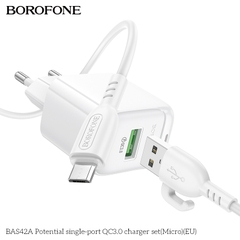 Bộ sạc 18W BOROFONE BAS42A (cóc 1 cổng USB, cáp USB ra Micro) (EU) có báo đèn LED chính hãng [BH 1 năm]