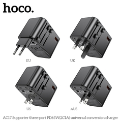 Cóc sạc chuyển đổi đa năng HOCO AC17 PD65W 1 cổng USB + 2 cổng Type C (du lịch) chính hãng [BH 1 NĂM]