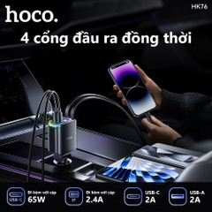 Cóc sạc nhanh xe hơi ô tô 80w HOCO HK76 Tomahawk 1 cổng Type C + 1 cổng USB kèm cáp liền chui Type C + chui iPhone chính hãng [BH 1 năm]