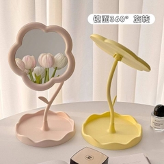 Gương trang điểm để bàn 2in1 hình Bông Hoa xoay 360 độ kiêm đến đựng son, kem tiện lợi [BH: NONE]