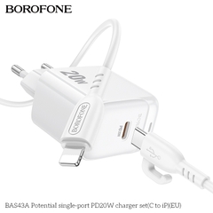 Bộ sạc nhanh 20W BOROFONE BAS43A (cóc 1 cổng Type C, cáp Type C ra iPhone) có báo đèn LED chính hãng [BH 1 năm]
