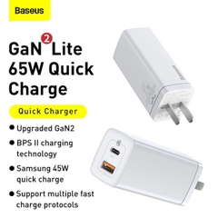 Cốc sạc nhanh GaN2 Lite Baseus CCGAN65UC 1U+1C 65W chính hãng [bh 1 năm]