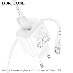 Bộ sạc 18W BOROFONE BAS42A (cóc 1 cổng USB, cáp USB ra Type C) (EU) có báo đèn LED chính hãng [BH 1 năm]