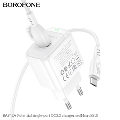 Bộ sạc 18W BOROFONE BAS42A (cóc 1 cổng USB, cáp USB ra Micro) (EU) có báo đèn LED chính hãng [BH 1 năm]