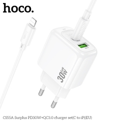 Bộ sạc nhanh 30W HOCO CS55A (Cóc 1 cổng USB QC 3.0 + 1 cổng Type C PD30W, Cáp Type C ra iPhone Lighting) (EU) báo đèn LED chính hãng [BH 1 năm]