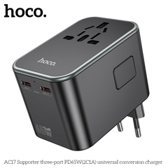 Cóc sạc chuyển đổi đa năng HOCO AC17 PD65W 1 cổng USB + 2 cổng Type C (du lịch) chính hãng [BH 1 NĂM]