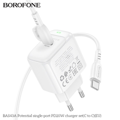 Bộ sạc nhanh 20W BOROFONE BAS43A (cóc 1 cổng Type C, cáp Type C ra Type C) (EU) có báo đèn LED chính hãng [BH 1 năm]