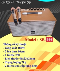 Loa bluetooth Karaoke xách tay SoundBox SB-666 bọc giả da siêu đẹp kèm 2 mic UHF chống hú