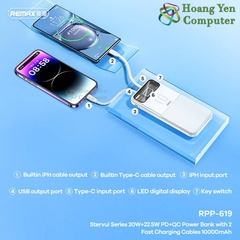 Pin sạc nhanh 22.5w Remax RPP-619 10.000mAh dự phòng PD QC3.0 chính hãng, kèm cáp liền pin, trong suốt lộ mạch [BH 1 năm]