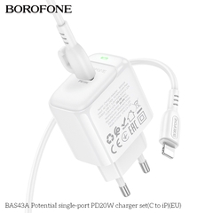 Bộ sạc nhanh 20W BOROFONE BAS43A (cóc 1 cổng Type C, cáp Type C ra iPhone) có báo đèn LED chính hãng [BH 1 năm]