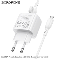 Bộ sạc 18W BOROFONE BAS42A (cóc 1 cổng USB, cáp USB ra Micro) (EU) có báo đèn LED chính hãng [BH 1 năm]