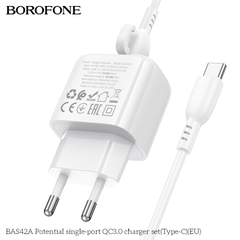 Bộ sạc 18W BOROFONE BAS42A (cóc 1 cổng USB, cáp USB ra Type C) (EU) có báo đèn LED chính hãng [BH 1 năm]