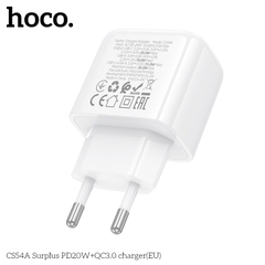 Cóc sạc nhanh 20W HOCO CS54A chân tròn (EU) (1 cổng Type C PD20W + 1 cổng USB QC3.0) chính hãng [BH 1 Năm]