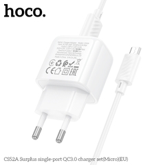 Bộ sạc nhanh 18W HOCO CS52A cáp USB ra Samsung Micro (EU) chính hãng [BH 1 Năm]