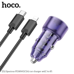 Bộ sạc nhanh cho xe hơi 38W HOCO Z52 cáp Type C to iPhone (1 cổng Type C PD + 1 cổng USB) chính hãng [BH 1 NĂM]