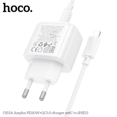 Bộ sạc nhanh 30W HOCO CS55A (Cóc 1 cổng USB QC 3.0 + 1 cổng Type C PD30W, Cáp Type C ra iPhone Lighting) (EU) báo đèn LED chính hãng [BH 1 năm]