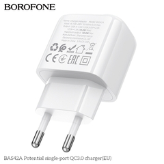 Cóc sạc nhanh 18W BOROFONE BAS42A (EU) (1 cổng USB) có báo đèn LED chính hãng [BH 1 năm]