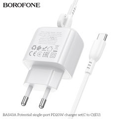 Bộ sạc nhanh 20W BOROFONE BAS43A (cóc 1 cổng Type C, cáp Type C ra Type C) (EU) có báo đèn LED chính hãng [BH 1 năm]