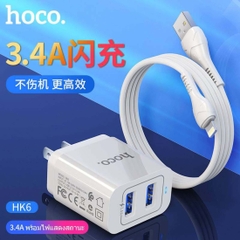 Bộ sạc nhanh HOCO HK6 chui Type C, (A-C) Cáp USB ra Type C, Cóc 2 cổng USB 3.4A chính hãng [BH 1 năm]