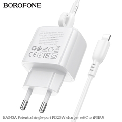 Bộ sạc nhanh 20W BOROFONE BAS43A (cóc 1 cổng Type C, cáp Type C ra iPhone) có báo đèn LED chính hãng [BH 1 năm]