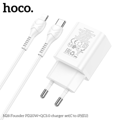 Bộ sạc nhanh 20W HOCO N28 c-l cóc 2 cổng (1 cổng type c 1 cổng usb) kèm cáp Type C ra Iphone chính hãng [BH 1 Năm]