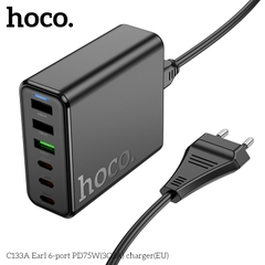 Cóc sạc nhanh 75w HOCO C133A (3 cổng USB + 3 cổng Type C PD) (3C3A) EU chính hãng [BH 1 năm]