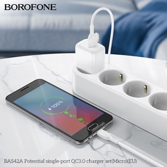 Bộ sạc 18W BOROFONE BAS42A (cóc 1 cổng USB, cáp USB ra Micro) (EU) có báo đèn LED chính hãng [BH 1 năm]