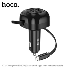 Bộ sạc nhanh 60W dây rút xe hơi Hoco NZ15 tẩu ô tô 2 cổng Type C + 1 cổng USB chính hãng  [BH 1 Năm]