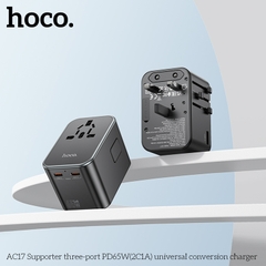 Cóc sạc chuyển đổi đa năng HOCO AC17 PD65W 1 cổng USB + 2 cổng Type C (du lịch) chính hãng [BH 1 NĂM]
