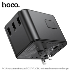 Cóc sạc chuyển đổi đa năng HOCO AC19 PD35W 3 cổng USB + 2 cổng Type C (du lịch) chính hãng [BH 1 NĂM]