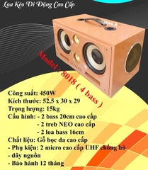 Loa bluetooth Karaoke xách tay 8018 4bass loa gỗ bọc giả da cao cấp kèm 2 mic UHF chống hú