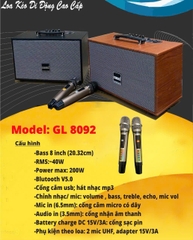 Loa bluetooth Karaoke xách tay SoundBox GL 8092 loa gỗ siêu đẹp kèm 2 mic UHF chống hú