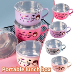 Bát ăn dặm, ca úp mì I Love Hello Girl có nắp lõi inox tiện lợi [BH: NONE]