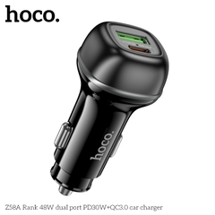 Cóc sạc nhanh xe hơi ô tô 48W cổng kép HOCO Z58A (1 cổng USB QC3.0 + 1 cổng Type C PD30W) chính hãng [BH 1 năm]