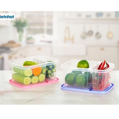 Hộp nhựa PP nguyên sinh 2 ngăn kèm nắp đậy size 19x13.5x6.5cm bảo quản rau củ, chanh ớt tiện lợi[BH: NONE]