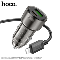 Bộ sạc nhanh cho xe hơi 38W HOCO Z52 cáp Type C to iPhone (1 cổng Type C PD + 1 cổng USB) chính hãng [BH 1 NĂM]