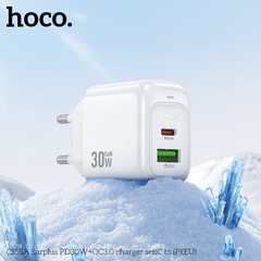 Bộ sạc nhanh 30W HOCO CS55A (Cóc 1 cổng USB QC 3.0 + 1 cổng Type C PD30W, Cáp Type C ra iPhone Lighting) (EU) báo đèn LED chính hãng [BH 1 năm]