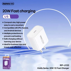 Cóc sạc nhanh 20w Remax RP- U133 EU CHÂN TRÒN 1 cổng Type C chính hãng [BH: 1 NĂM]