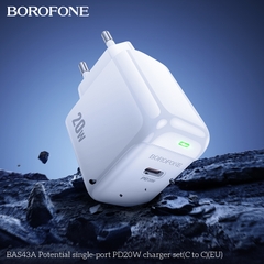 Bộ sạc nhanh 20W BOROFONE BAS43A (cóc 1 cổng Type C, cáp Type C ra Type C) (EU) có báo đèn LED chính hãng [BH 1 năm]