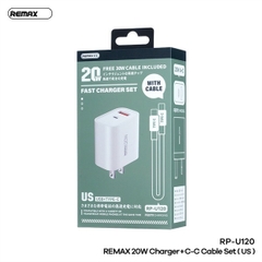 Bộ sạc nhanh 20w Remax RP-U120 US (C-C) cóc 1 cổng typec vs 1 cổng usb kèm cáp 2 đầu typec chính hãng [BH 1 Năm]