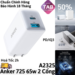 Cóc sạc nhanh 65w Anker 725/  A2325  (1 cổng type-c vs 1 cổng usb) chính hãng (trắng) [BH 1 năm]