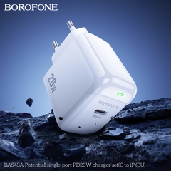 Bộ sạc nhanh 20W BOROFONE BAS43A (cóc 1 cổng Type C, cáp Type C ra iPhone) có báo đèn LED chính hãng [BH 1 năm]